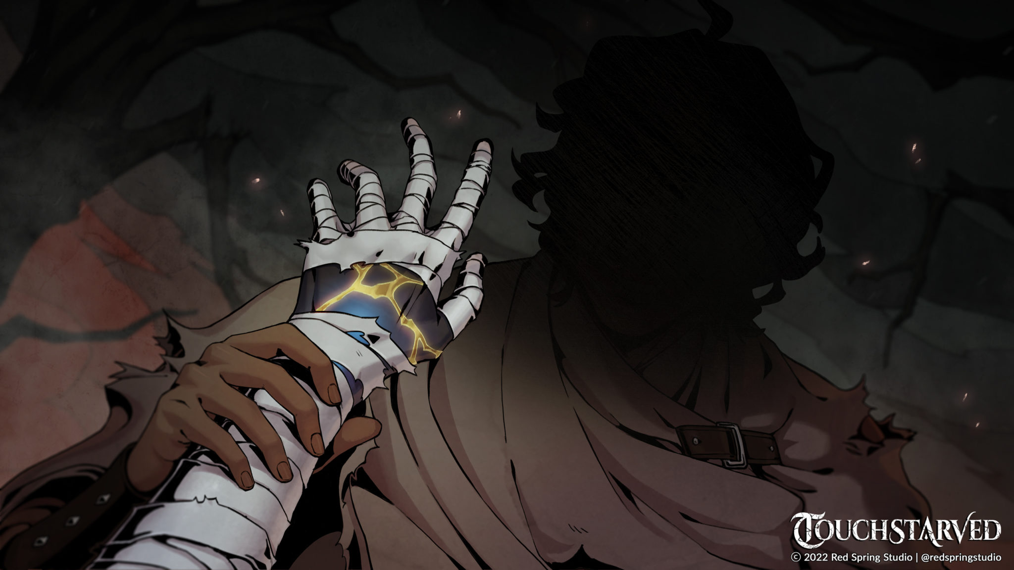The Main Character's unnaturally colored hand with veins of gold is visible between ripped bandages