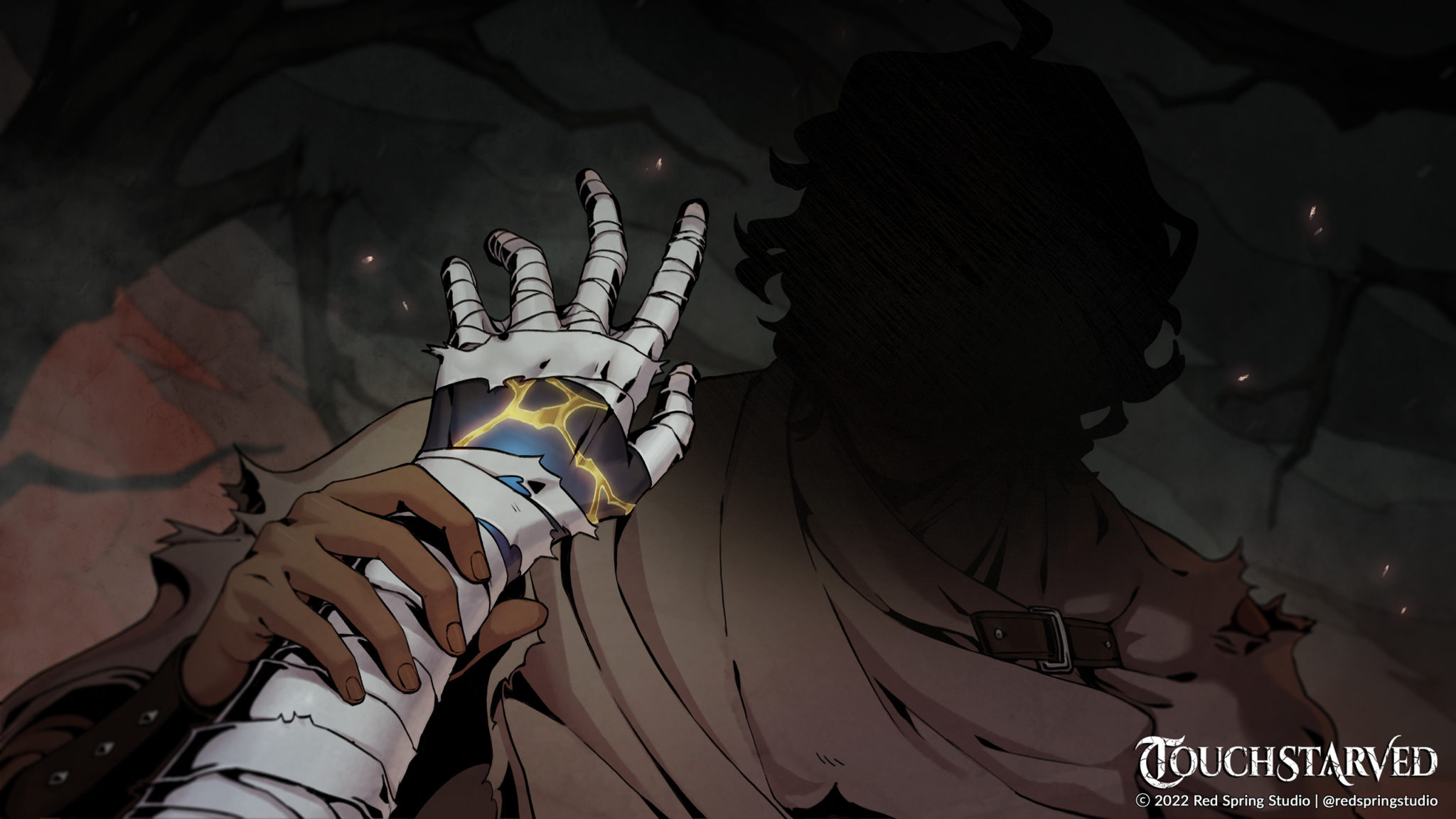 Monstrous Visual Novel TOUCHSTARVED Coming to Kickstarter 2 The Main Character's unnaturally colored hand with veins of gold is visible between ripped bandages
