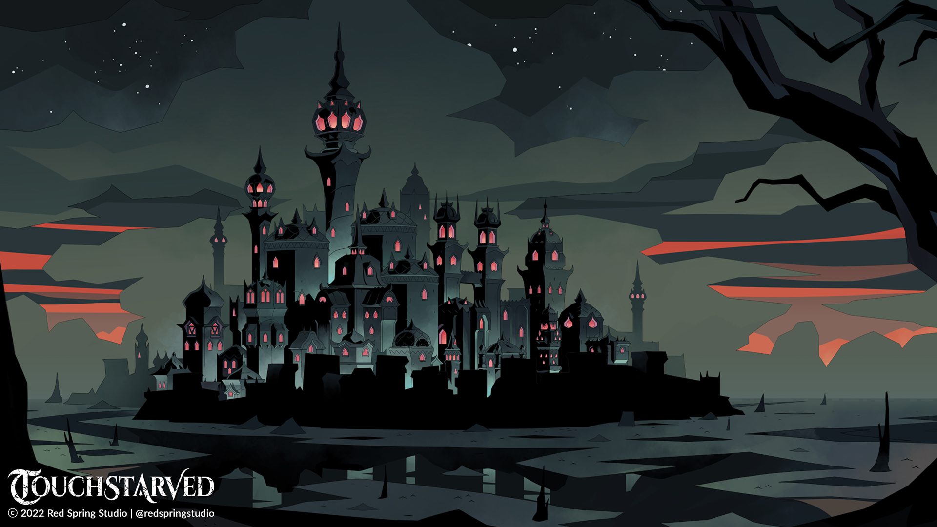 Monstrous Visual Novel TOUCHSTARVED Coming to Kickstarter 1 buildings with towers in black and gray hues against a pinkish sky