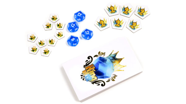 contents of the King of 12 card game. shown are cards, dice and point tokens