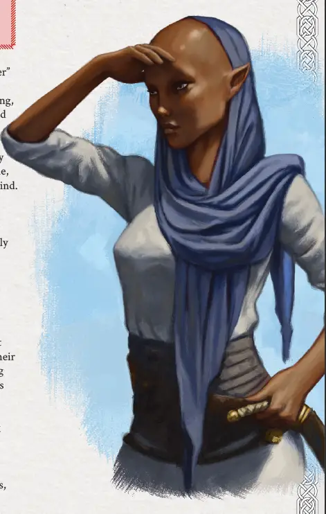 a dark skinned elf with a blue headwrap