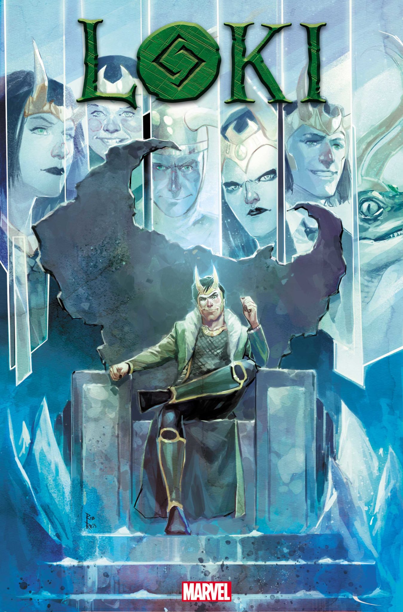 Loki #1 teaser cover featuring Loki and his famous alternate selves like Sylvie, Alligator Loki, and Old Man Loki