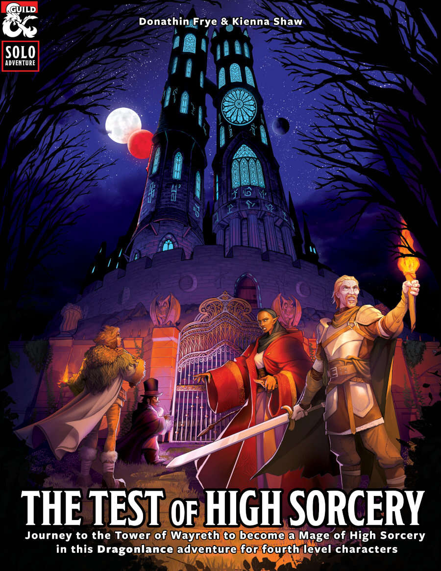 The cover of the test of high sorcery with three characteres in front of a tower 