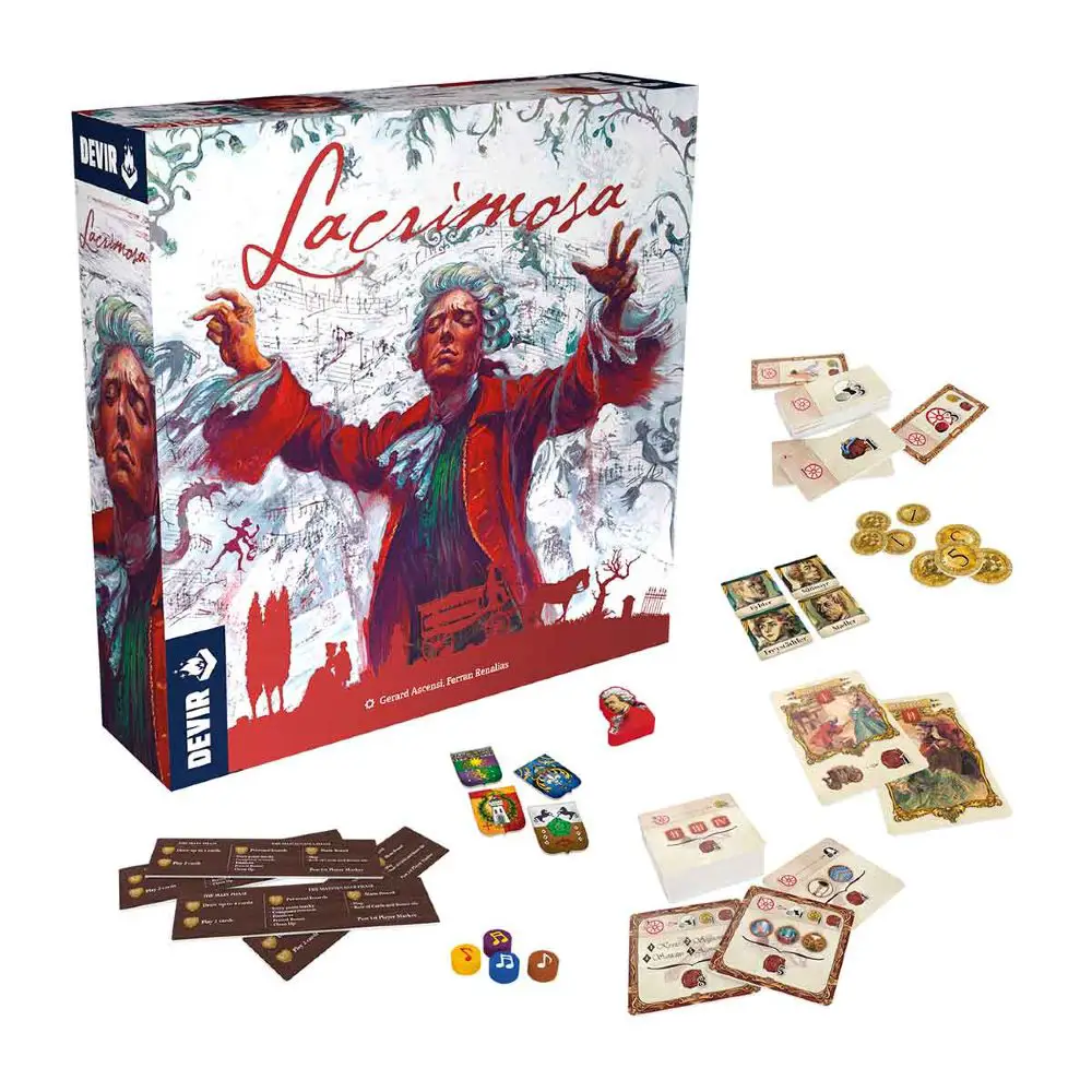 Lacrimosa box with tiles, counters, and money