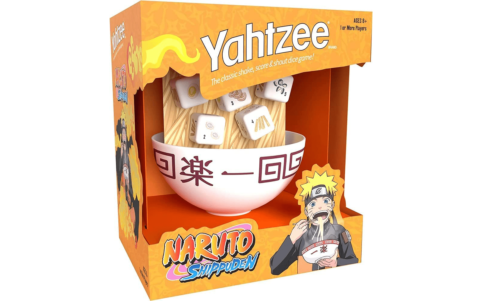 Header showing an orange box with 5 dice and a cup inside. The top reads "Yahtzee" the bottom says "Naruto Shippuden" with a cutout image of Naruto Uzamaki eating ramen.