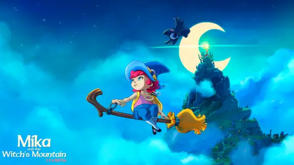 cover art for mika and the witch's mountain: mika flying in the blue sky on her broom in front of the mountain and crescent moon