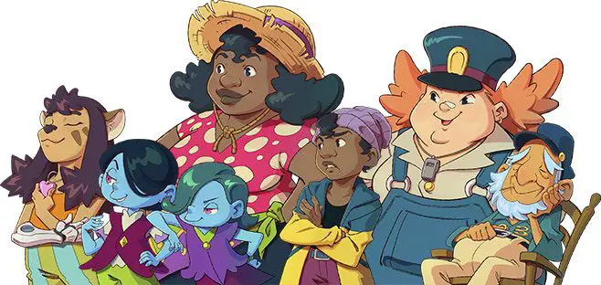 A collection of diverse characters from Mika and the Witch's Mountain in cartoon style art