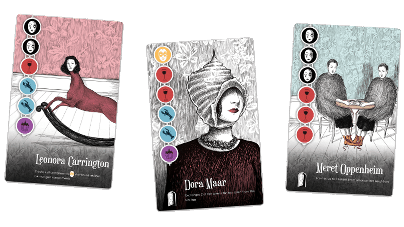 three examples of guest cards from Surrealist Dinner Party with surreal art and 6 circles on the left showing different things like drama masks, compliment masks, food, drinks, and dessert. 