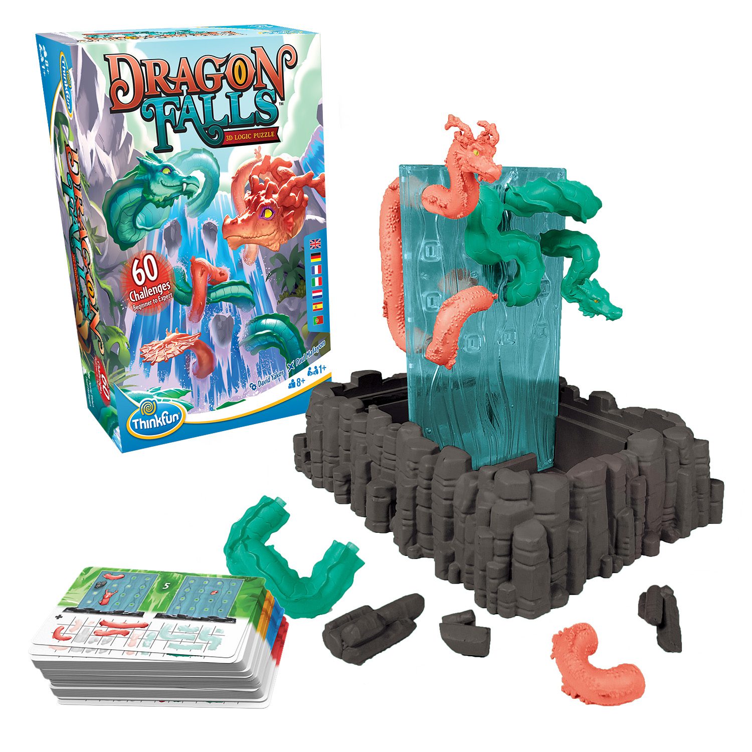 Dragon Falls Challenges Logic in Building Puzzles 1 dragon falls contents, black base, green and coral dragon pieces, waterfall rocks, and a blue waterfall structure