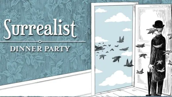 surrealist dinner party on blue background with a door open to clouds and birds with a man facing outside