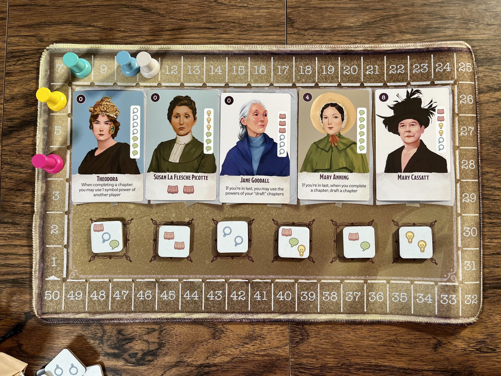 HerStory main board with available cards and tokens