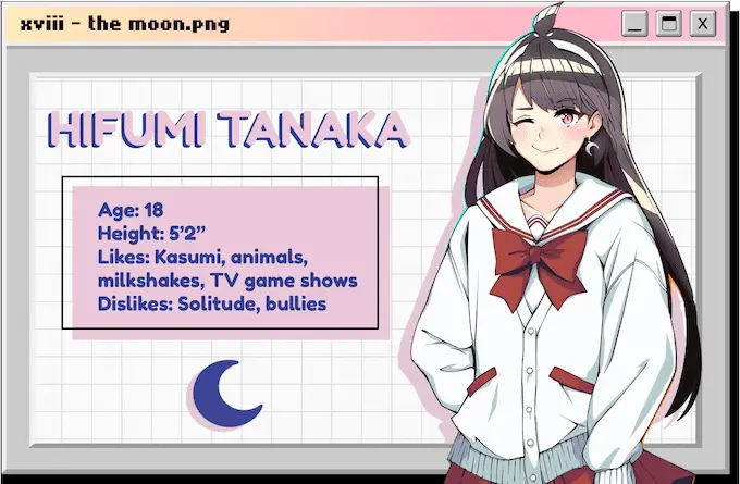 Girl wearing white and red jacket, info is about hifumi tanaka in good luck baby
