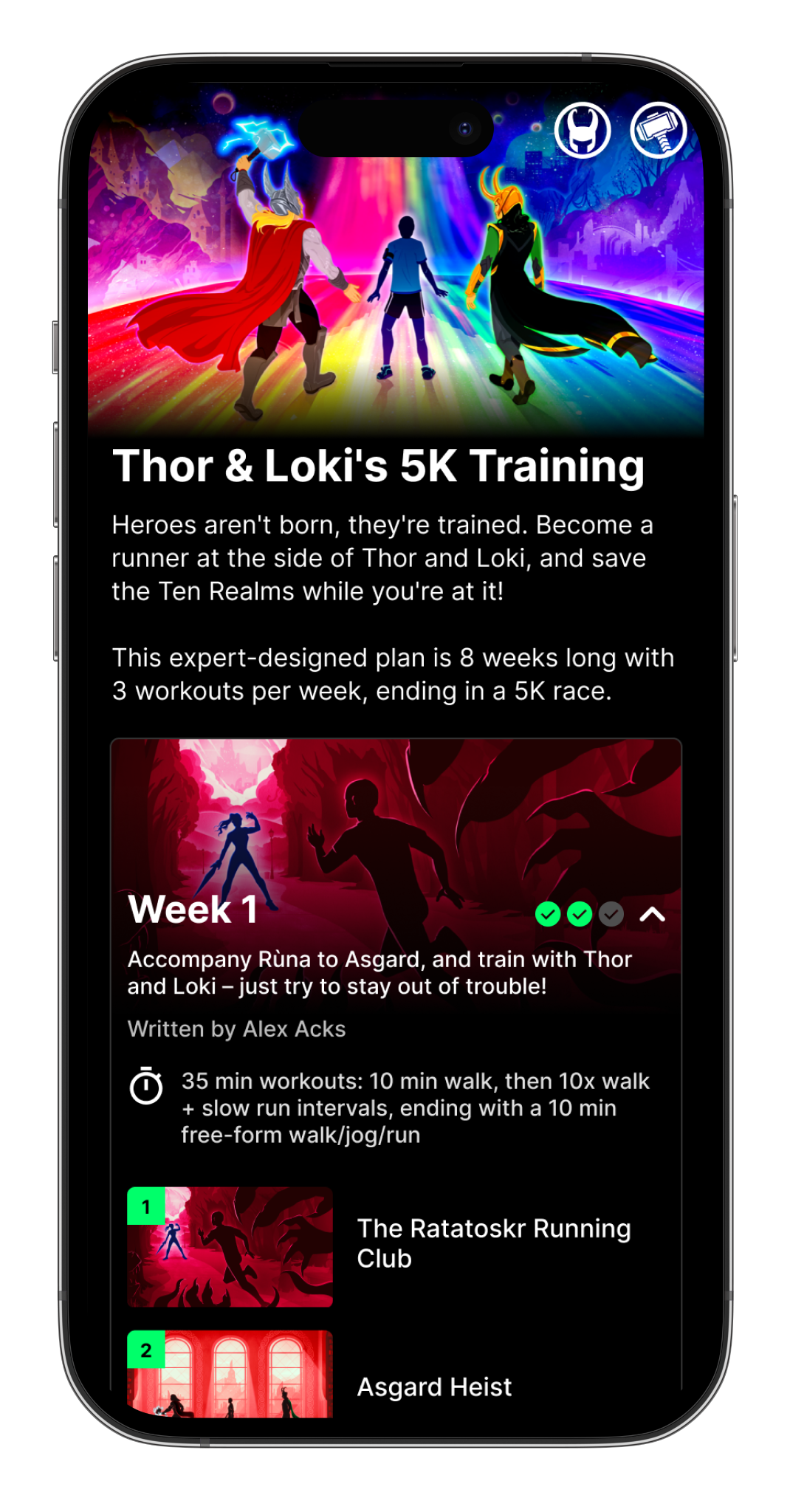 Thor & Loki: Asgard 5K Training app mocokup