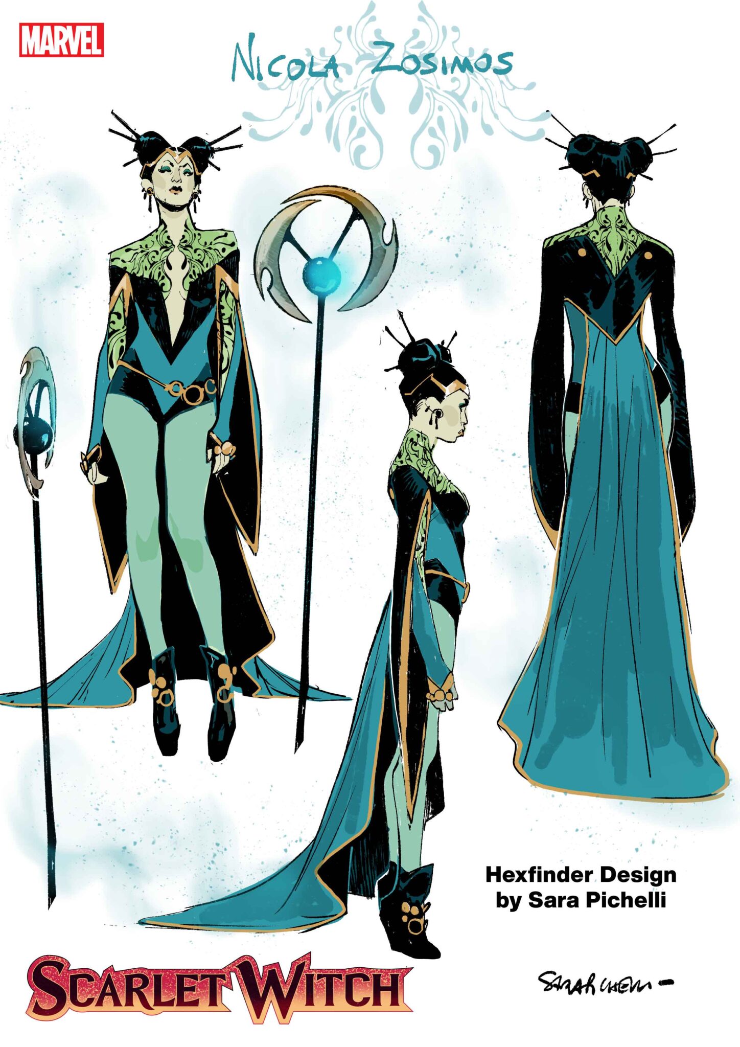 Wanda Journeys To Oz And Faces Off With New Archfoe The Hexfinder In Scarlet Witch #7 1 Scarlet Witch #7 Hexfinder design sheet cover by Sara Pichelli