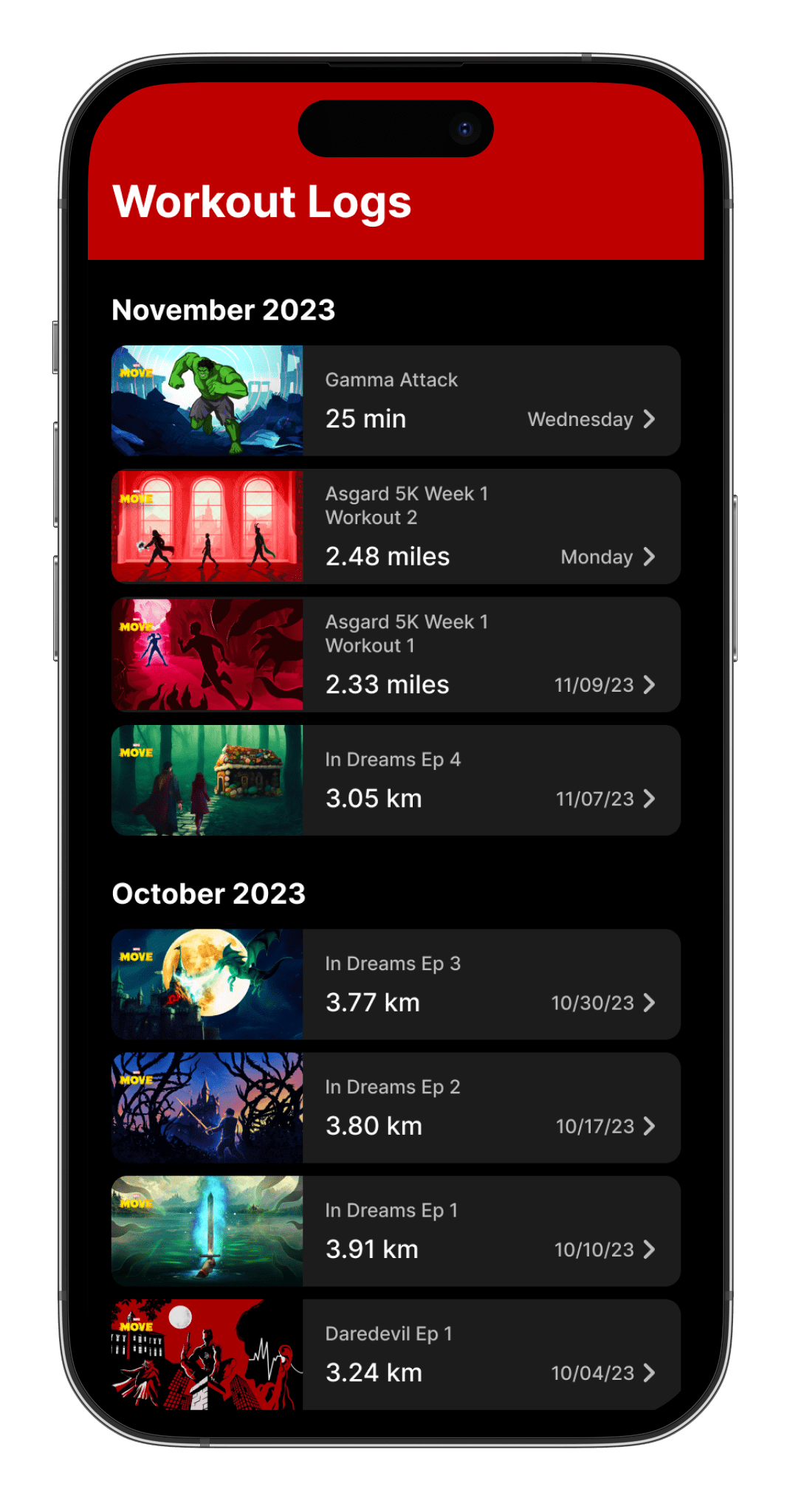 Marvel Move workout logs