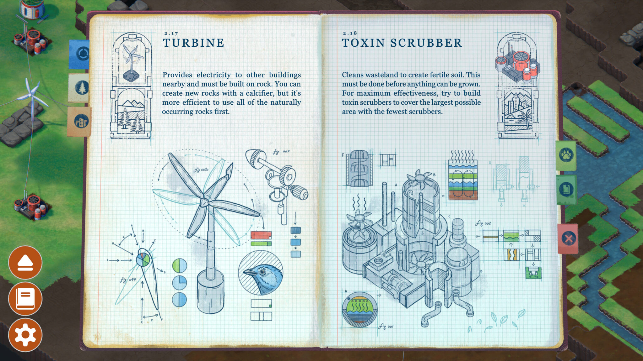 guidebook in Terra Nil describing how the Turbine and toxin scrubber work