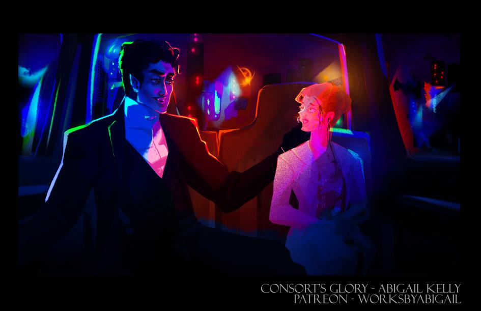 Abigail Kelly Dives Deep into the NPU and What's Next 2 A blue elf and a human redheaded witch in a car in Abigail Kelly's signature art style, part of the NPU