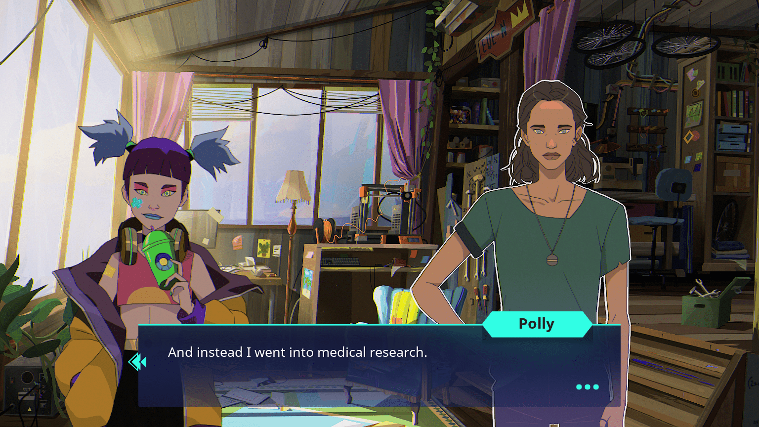 A young woman in a colorful outfit next to a Mediterranean woman in a bedroom with a text box in front of the characters in Harmony: The Fall of Reverie