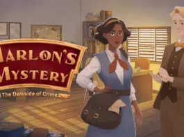 A dark skinned woman standing next to a white man in a PI office with the words Marlon's Mystery on the left