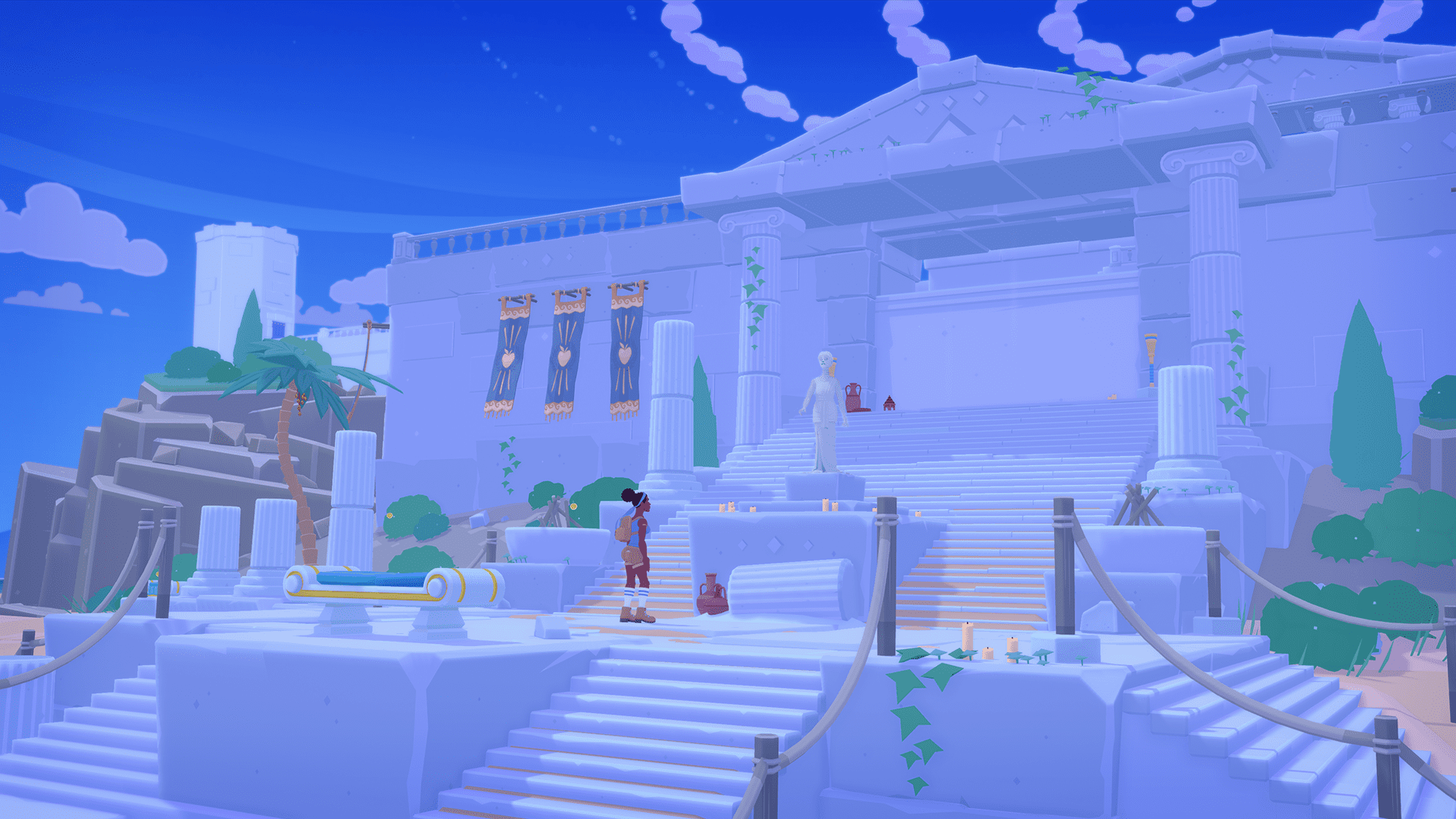 A Black character looking at a statue in front of a locked gate and greek architectural columns and stairs.