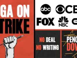 WGA on Strike poster next to ABC, CBS, CW, FOX, and NBC logos. Under the logos is "no deal no writing" and "pencils down"