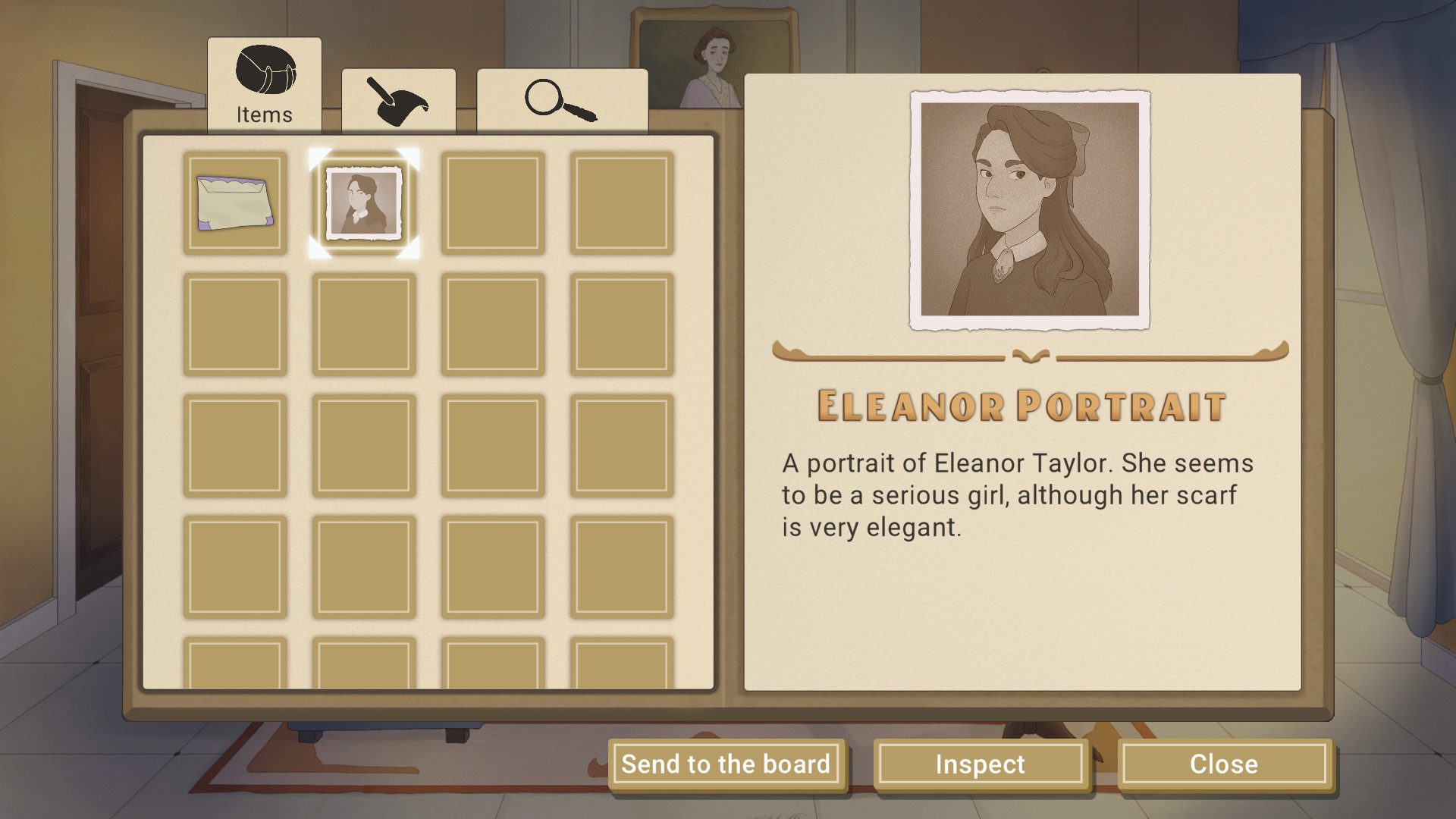 The casebook open showing items with a portrait of a young woman in Marlon's Mystery