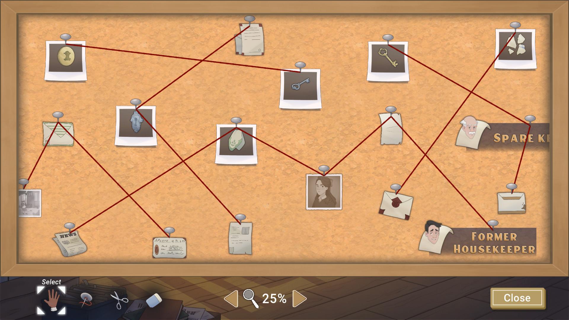 The deductions board with red string connecting items, clues, and notes. 