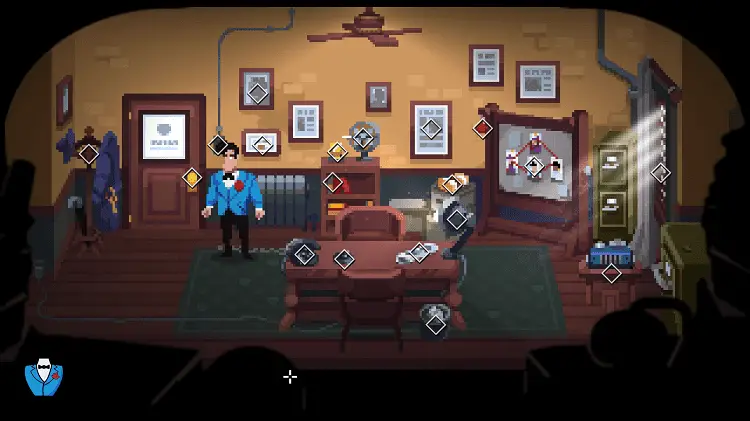 Loco Motive Conducts Laughs and Murder 1 A black haired man in a blue suit and black pants looking around a police interrogation room with diamonds highlight points of interest around the room in Loco Motive.