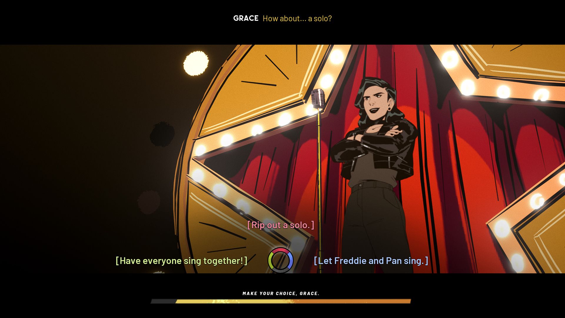 Grace, the protag of Stray Gods is mid-song in front of a large star shape with a red curtain behind the star. Subtitles say Grace: How about....a solo? with three dialogue options for Grace with a meter showing how much time is left to make a choice.