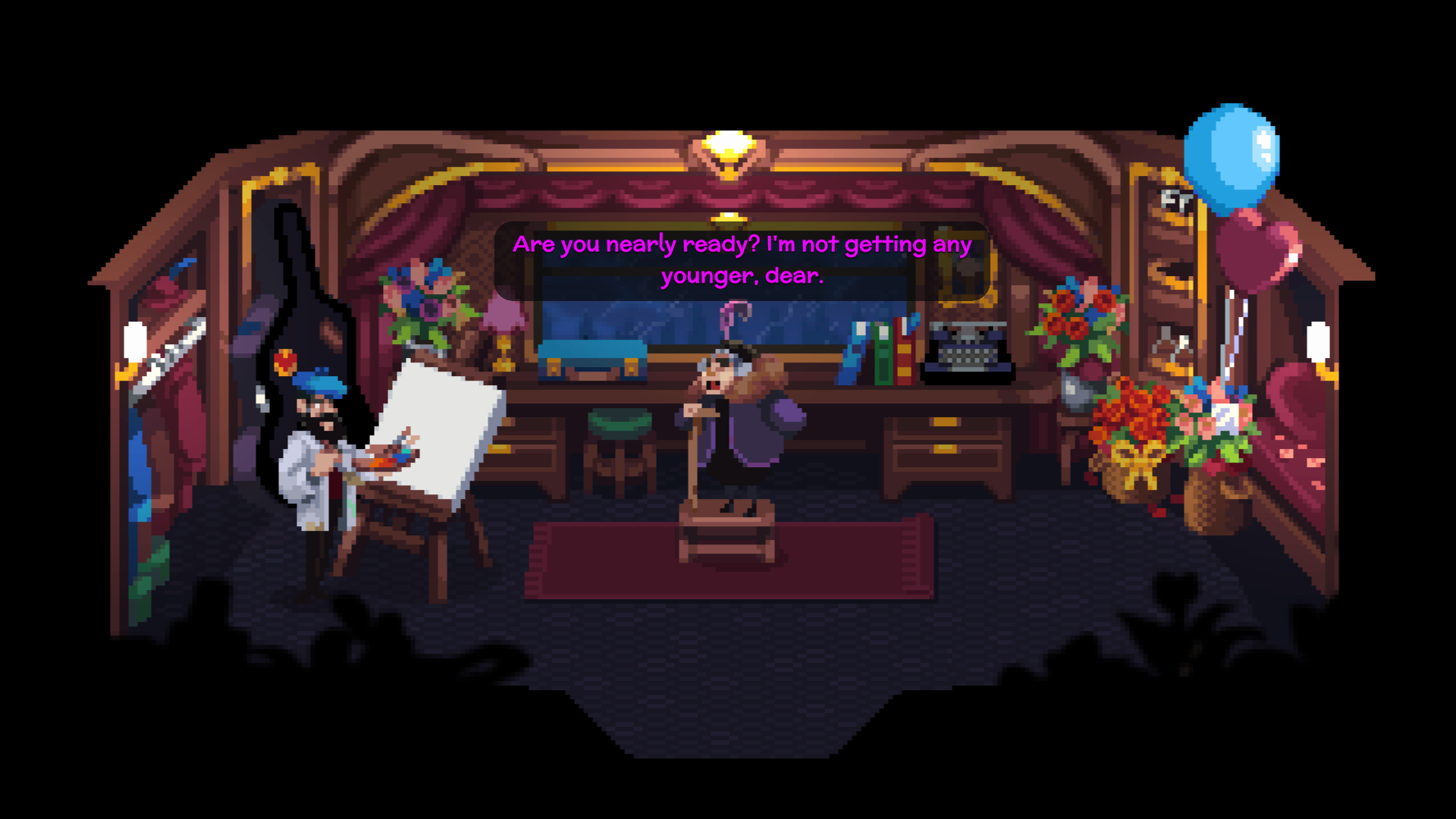 Loco Motive Conducts Laughs and Murder 3 A speed painter about to paint Lady Unterwald in her room in the train filled with flowers and gifts.