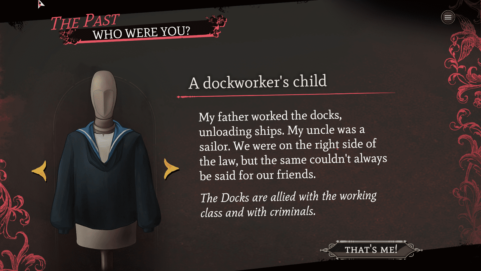 a screenshot describing the character as a dockworker's child whose father worked for the docks, uncle was a sailor, they were on the right side of the law, but the same couldn't always be said for our friends. 