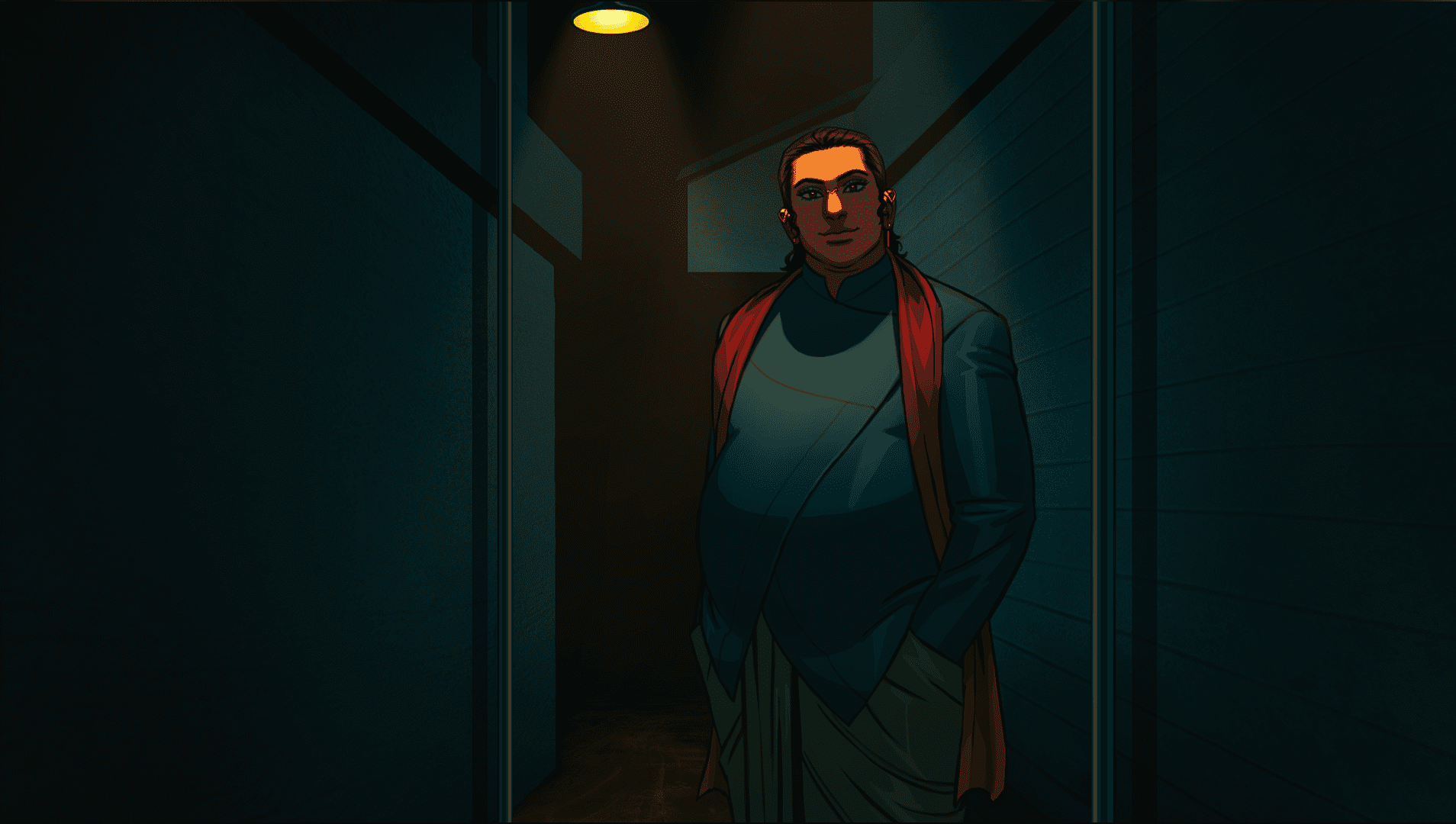Visual Novel Love Shore Packs a Cyberpunk Punch 3 An Indian man lit by an overhead light but dark elsewhere, Ganesha in Love Shore