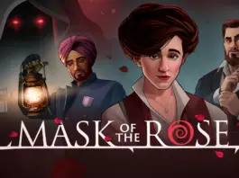 Mask of the Rose in front of a sikh man wearing a turban, a red eyed cloaked figure, a brown haired woman, and a red eyed man