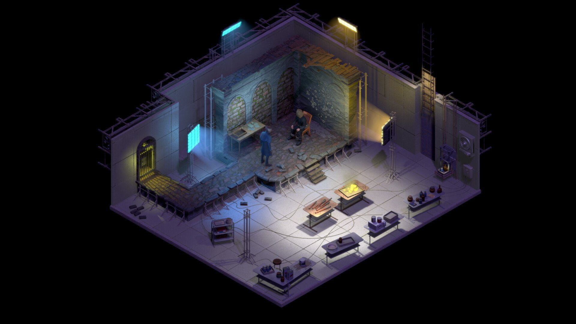 A room with a man whose head is covered surrounded by alchemic items and boxes. 