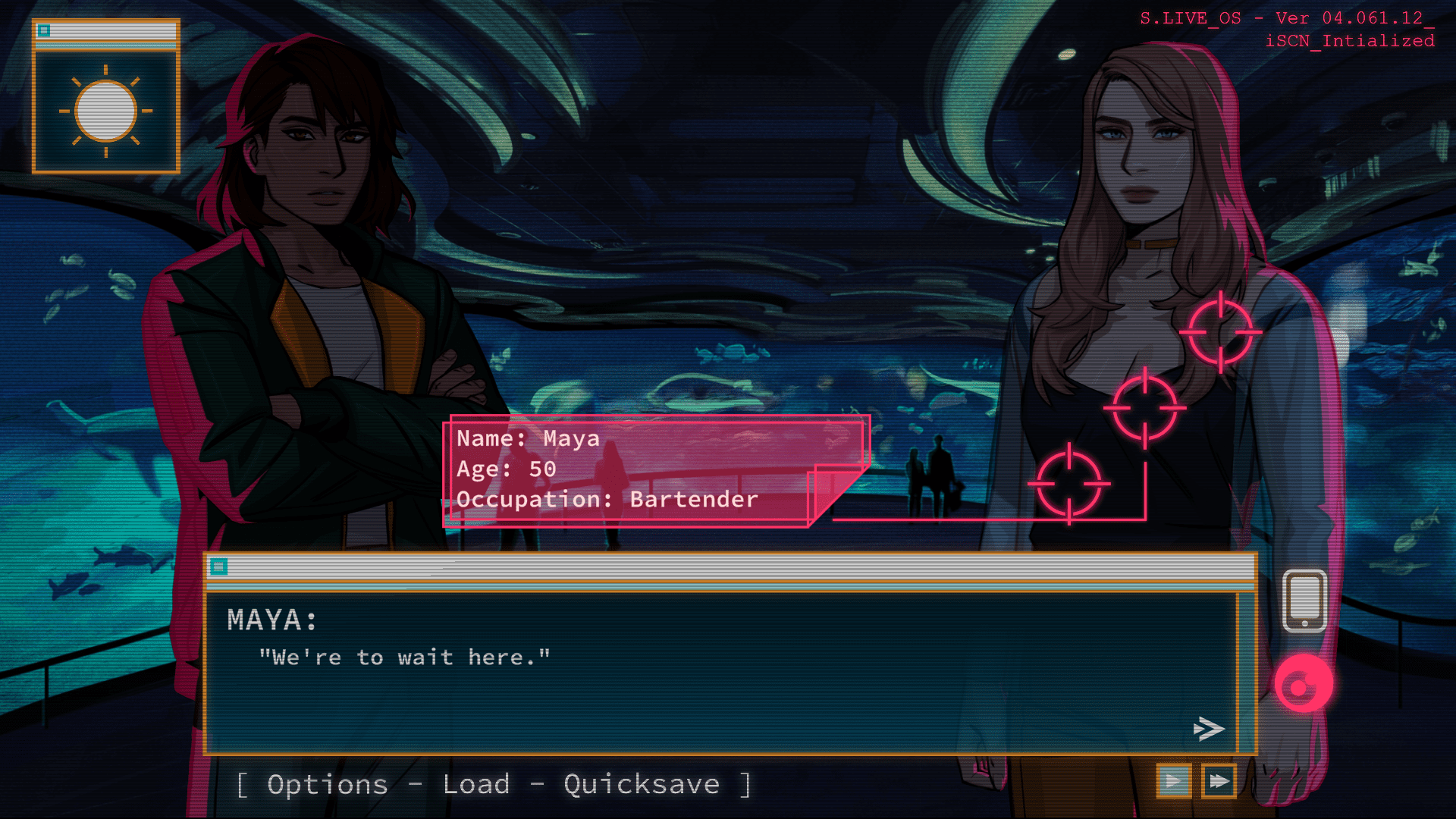 Farah and Maya standing across from one another. Above the dialogue box is a rectangle that states Maya's name, age, and occupation.