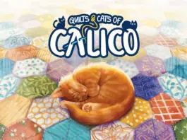 a cat laying on a quilt under the words Cats and Quilts of Calico
