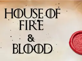 Words in black ink "House of Fire and Blood" against a background that looks like aged paper. To the right is a red wax seal with the Targaryen three-headed dragon sigil impressed in it.