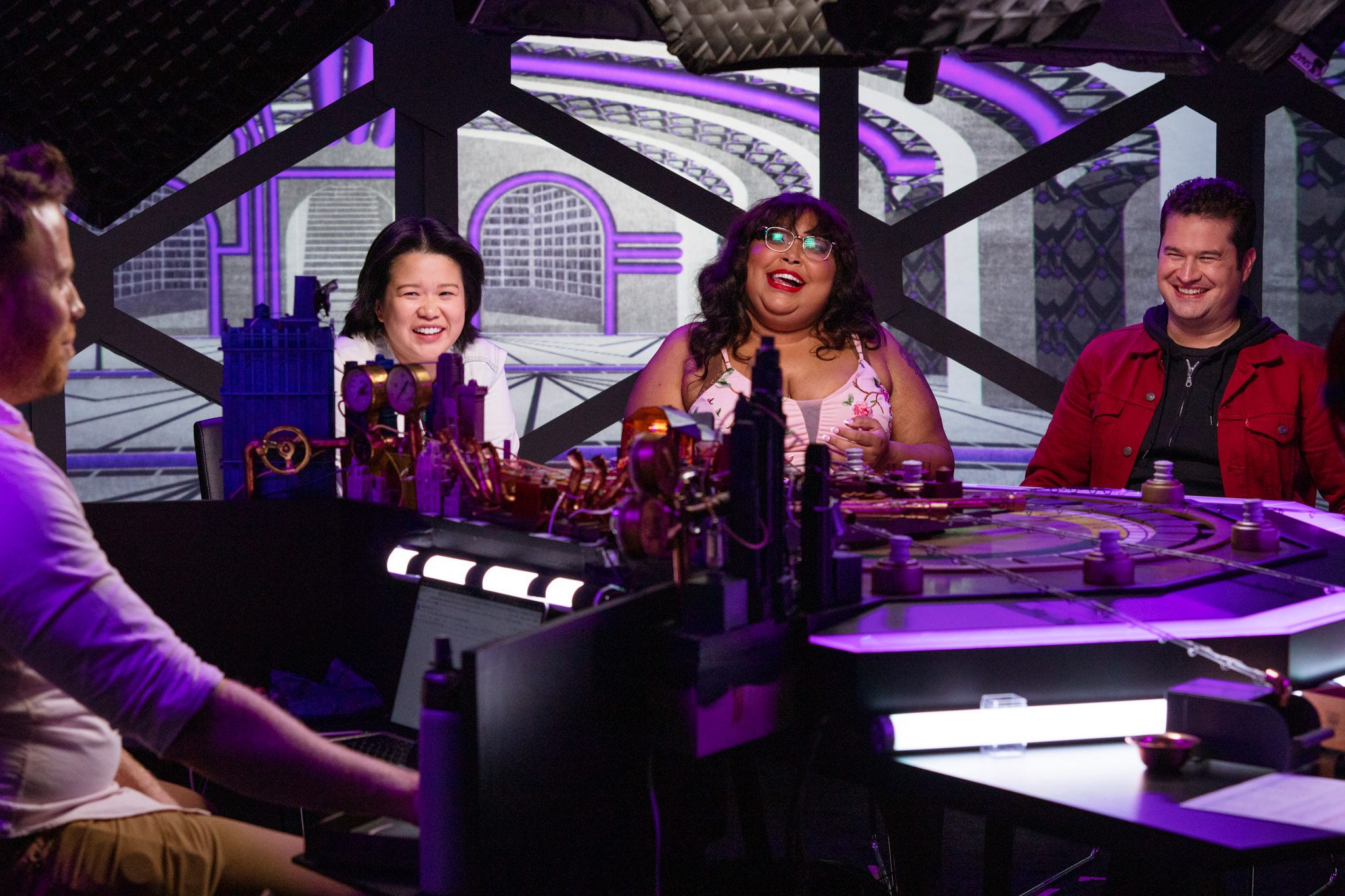 The cast of mentopolis at the table. From left to right: Alex Song-Xia, Danielle Radford, and Mike Trapp