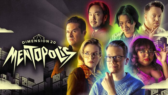 A promotional image for Mentopolis including the all seven castmembers highlighted by color (in an homage to Inside out) with a the title (in a font that is also an homage to inside out).