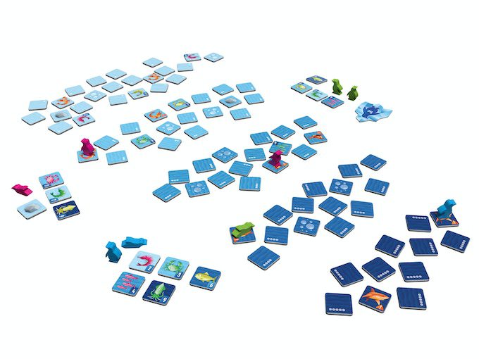 deep dive pieces set up to play, squares that are colored from light to dark shades of blue 