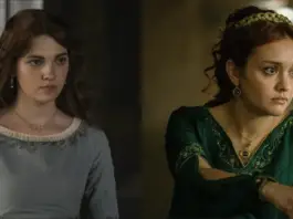 Two images side by side of the character of Alicent Hightower from House of the Dragon. On the left, a teenage girl with flowing brown hair in a blue dress, looking somber. On the right, a woman in her thirties with her brown hair done up with a thin golden crown. She wears a green dress and looks concerned.