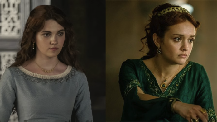 Two images side by side of the character of Alicent Hightower from House of the Dragon. On the left, a teenage girl with flowing brown hair in a blue dress, looking somber. On the right, a woman in her thirties with her brown hair done up with a thin golden crown. She wears a green dress and looks concerned.