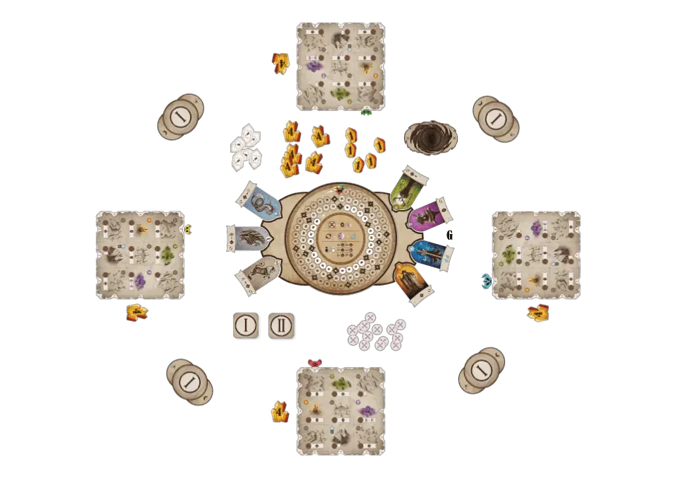 rauha components laid out for gameplay with four players