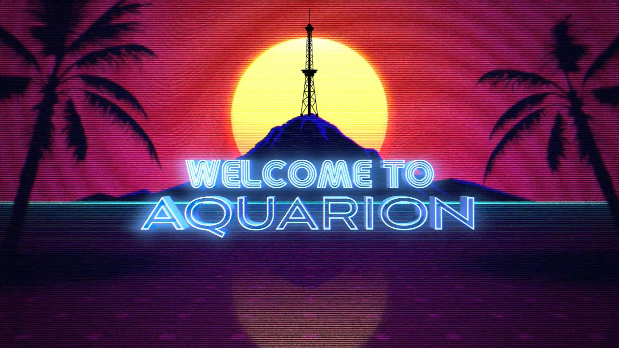 Welcome to Aquarion (the fictional Actual play in the world of Replay) written in a cyberpunk style, overlaying an island and a radio tower with the moon behind it. 