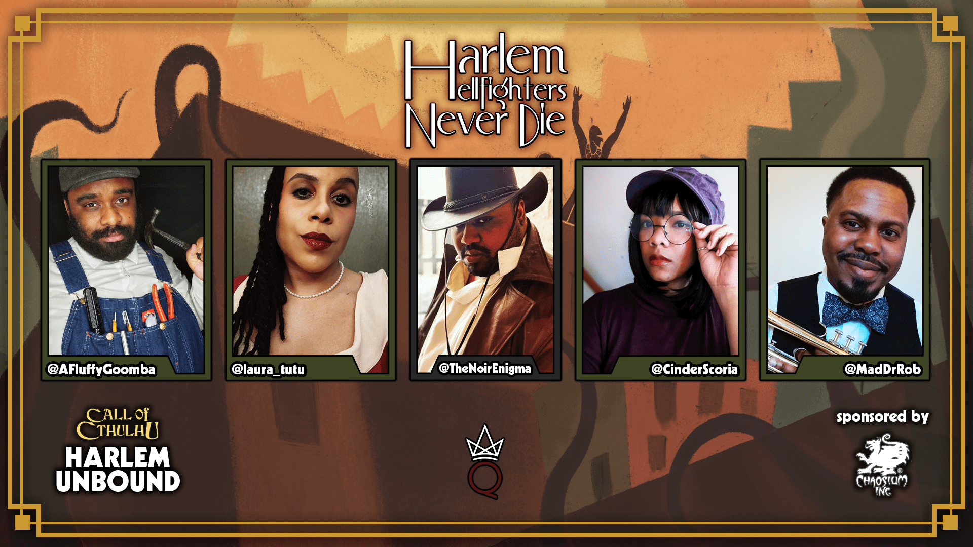 Queens Court Games' The All Night Society Is A New Kind of Vampire Show 8 The cast of Harlem Hellfighters Neber Die
from left to right:
@Afluffygoomba
@laura_tutu
@TheNoirEnigma
@CinderScoria
@MadDrRob