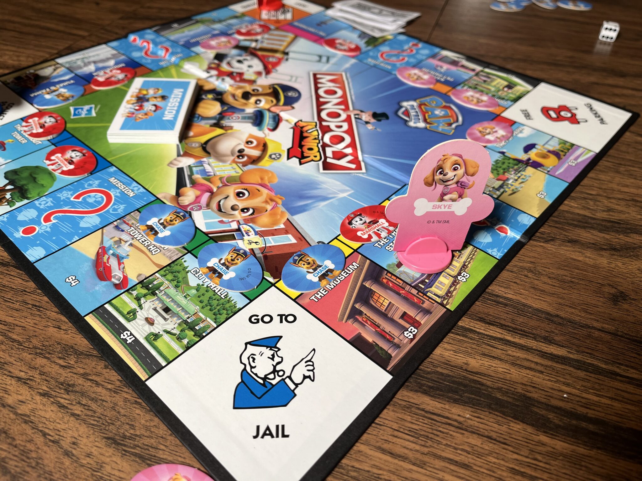 Monopoly Junior: Paw Patrol board game board with pup tokens