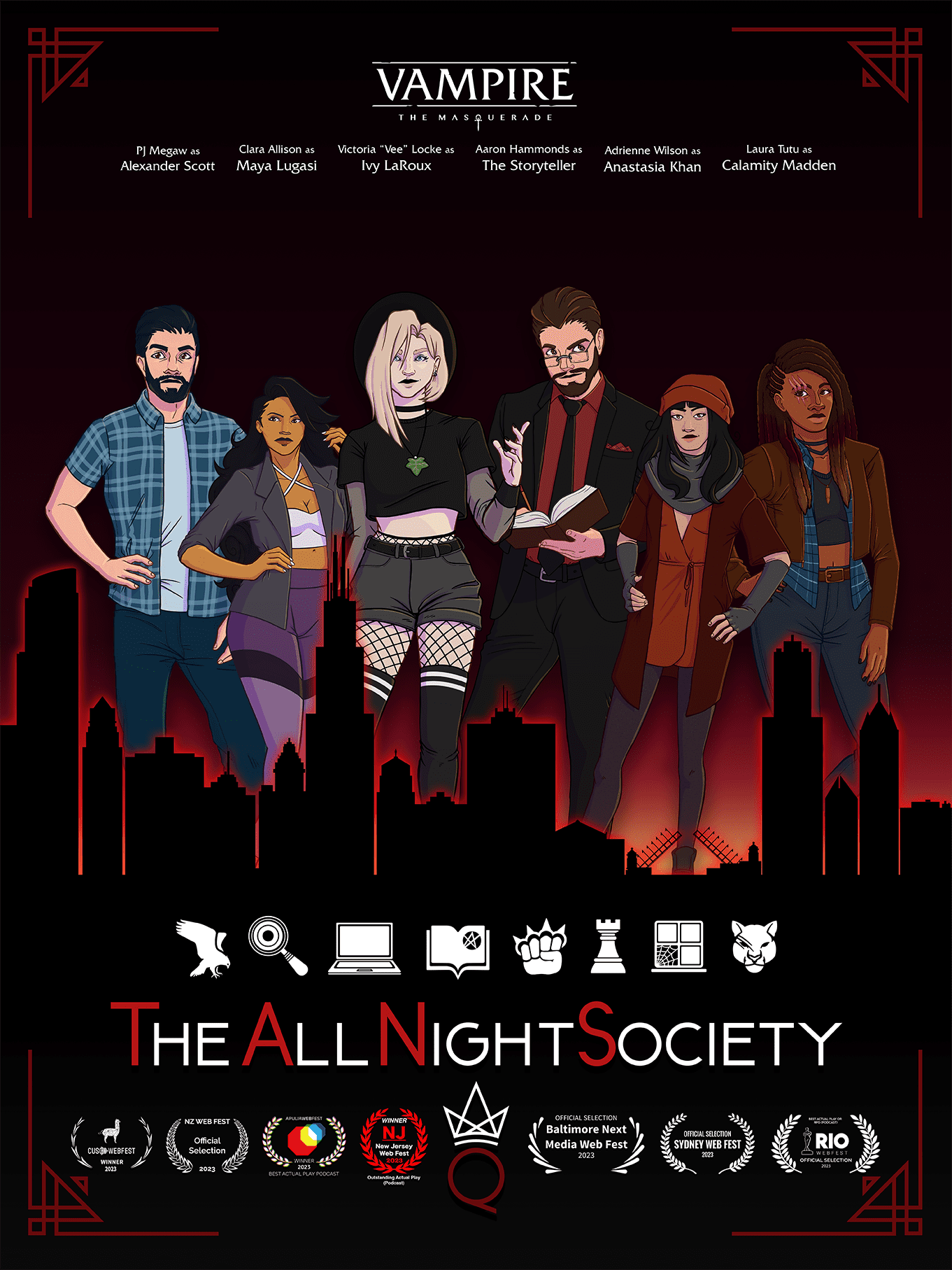 A poster for The All Night Society showing six main characters, and a number of awards