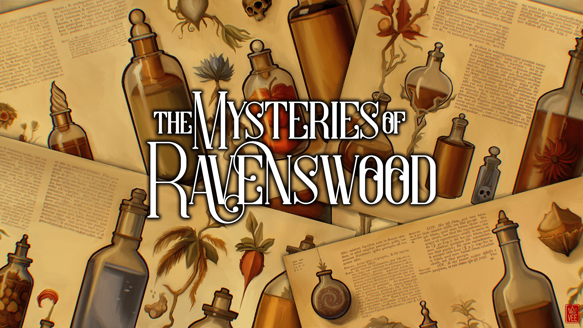 The Mysteries of Ravenswood cover, over many pages of old parchment depicting potions and magic