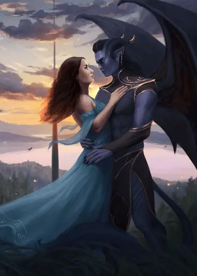 A woman with reddish hair in the arms of a dark blue incubus with wings