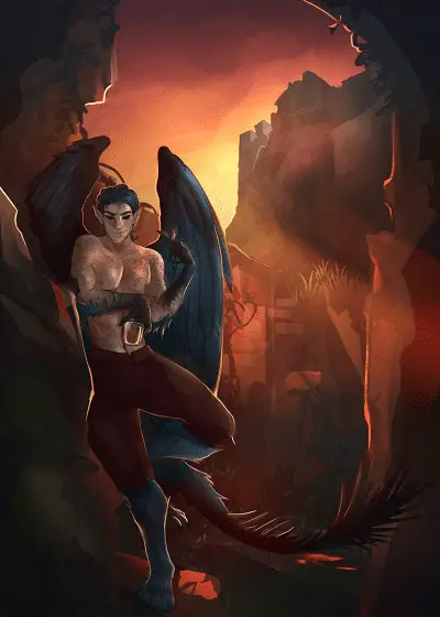 Mallory Dunlin On Discovery Writing Slow-Burn Monster Romances 7 A man with wings and a tail that has spines on it, and furred hands
